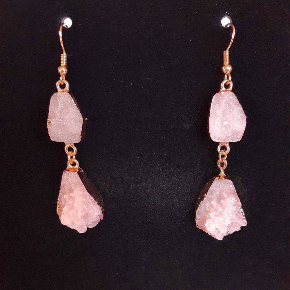 Pink and Gold 2- Stone Druzy Hook Earrings